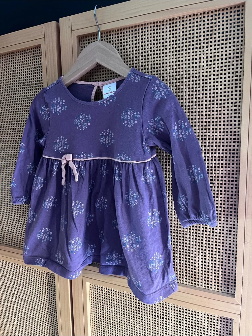 Hanna Andersson 12-18M Purple Floral Long-Sleeve Dress with Pink Bow